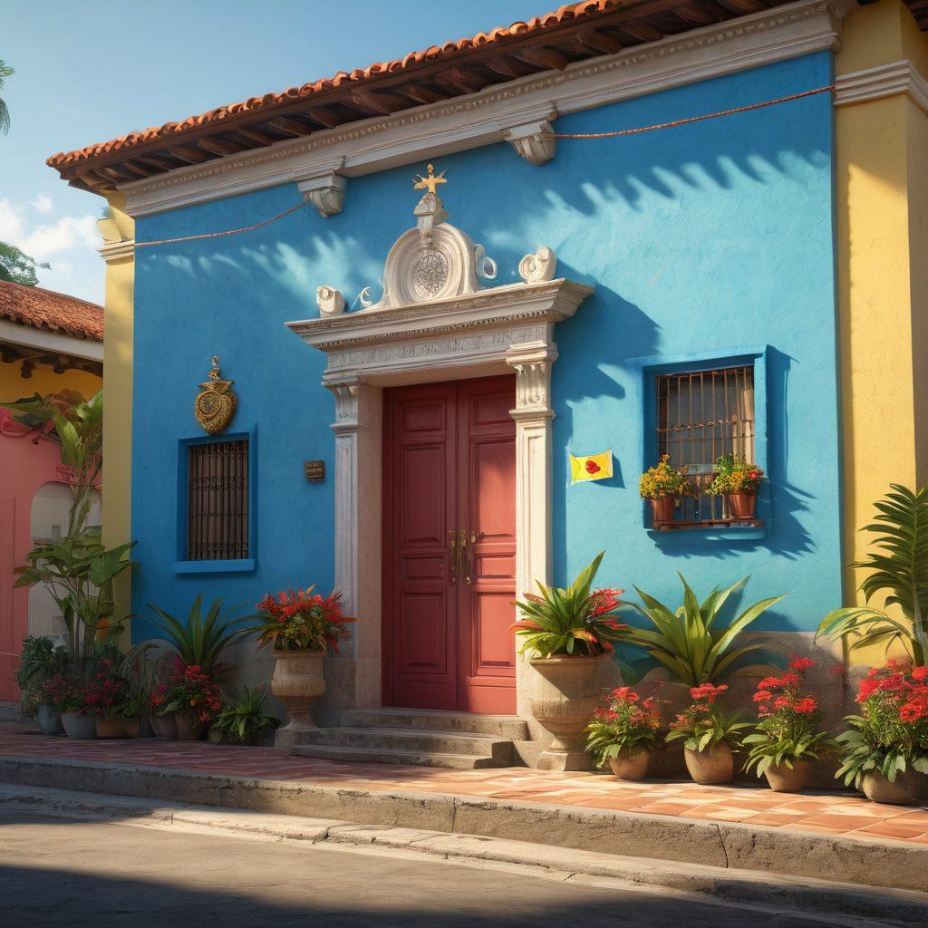A tranquil Guatemalan consulate exterior featuring traditional architecture and vibrant local flora, with a diverse group of travelers consulting staff inside about their needs for smooth travels. Include a colorful world map on the wall and subtle flags of Guatemala. Bright sunlight casting soft shadows enhances the welcoming atmosphere. super-realistic. vibrant colors. 3D.