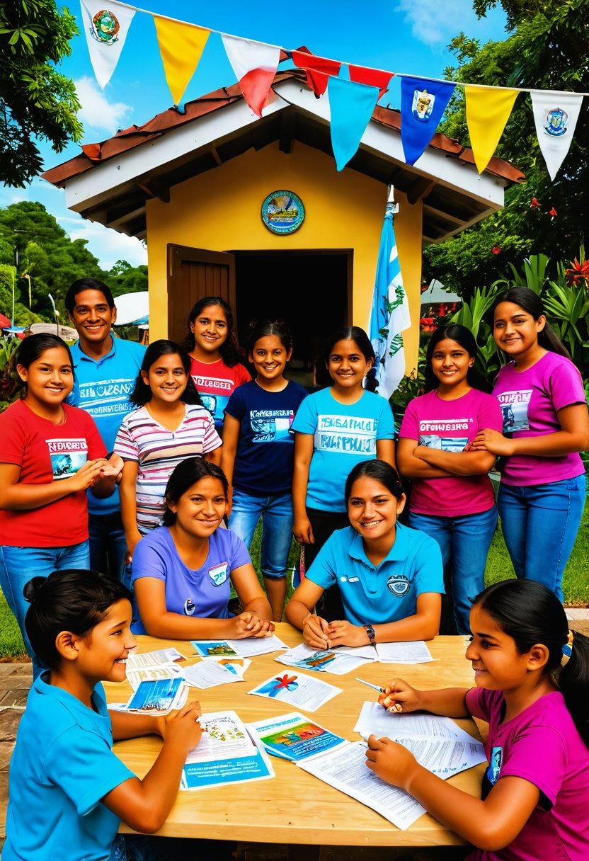 A colorful and inviting community center scene showcasing Guatemalan nationals and expatriates engaging in various support activities, with flags of Guatemala and diverse cultural elements in the background. Include friendly faces of different ages, a resource table with brochures, and a vibrant outdoor setting surrounded by lush greenery. super-realistic. vibrant colors. 3D.