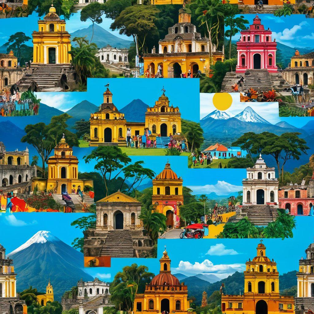 A vibrant collage depicting Guatemala's iconic landscapes, including ancient ruins, lush jungles, and colorful markets. Incorporate elements of diplomacy such as a flag, passport, and a friendly ambassador welcoming travelers. Showcase diverse tourists engaged in various activities like exploring, dining, and interacting with locals. Use bright colors and a blend of traditional and modern artistic styles. super-realistic. vibrant colors. 3D.